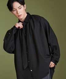 【NO ID.】Tie Neck Gather Big Shirt / ネクタイ 付 ネック ギャザー ビッグ シャツ