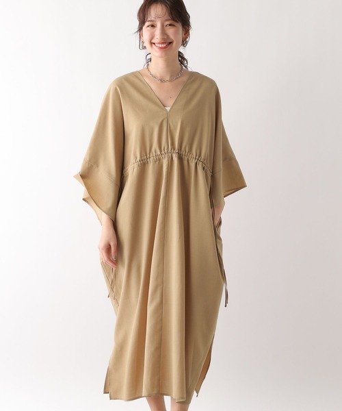 ドレス ワンピース シャーリング Vネック 半袖 スリット L1279 GIUNON ワンピース stripe shirring dress / ストライプ