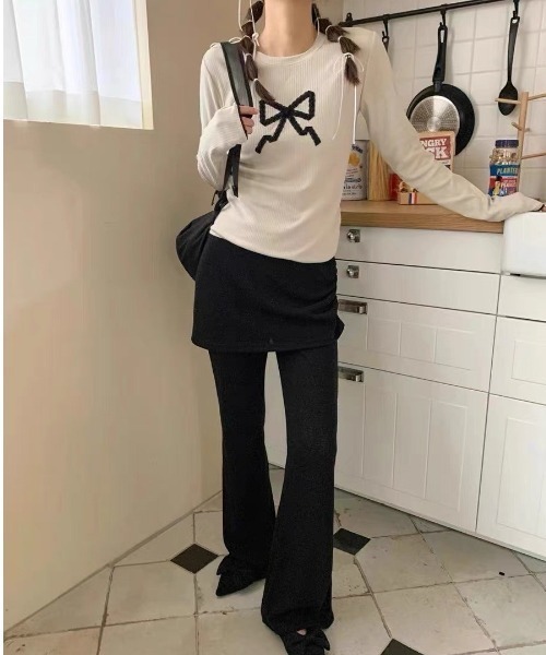 almo(アルモ)の「リボンリブカットソー(BQ)(Tシャツ/カットソー・レディース・ブラック/ベージュ・FREE)」の5枚目の写真