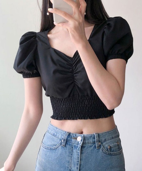 VIVID LADY(ビビッドレディー)の「スモークシャリング半袖ブラウストップス(シャツ/ブラウス・レディース・ブラック/ホワイト・FREE)」の2枚目の写真