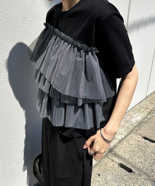 select MOCA（セレクトモカ）の「チュールドッキングTシャツ（Tシャツ/カットソー・レディース・オフホワイト/ブラック・FREE）」の22枚目の写真