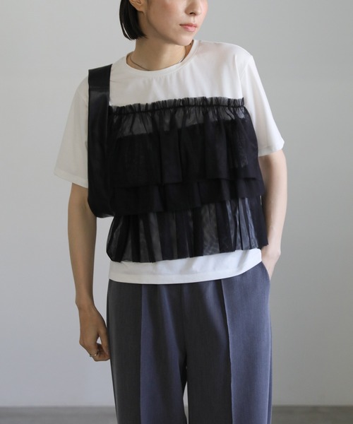 select MOCA（セレクトモカ）の「チュールドッキングTシャツ（Tシャツ/カットソー・レディース・オフホワイト/ブラック・FREE）」の19枚目の写真