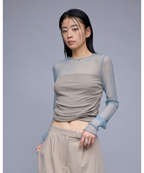 THINGS THAT MATTER（シングス ザット マター）の「【THINGS THAT MATTER/シングス ザット マター】シアードレープリブトップス/SHEER & DRAPE RIB TOPS（Tシャツ/カットソー・レディース・グレー/ブラック/ベージュ・FREE）」の2枚目の写真