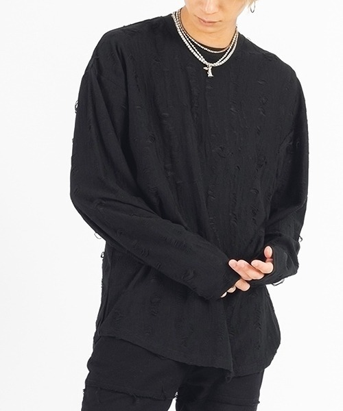 REGIEVO(レジエボ)の「【REGIEVO】 古着風 クラッシュダメージ加工 ロンTee(Tシャツ/カットソー・メンズ・グレー/ブラック・MEDIUM/LARGE)」の1枚目の写真