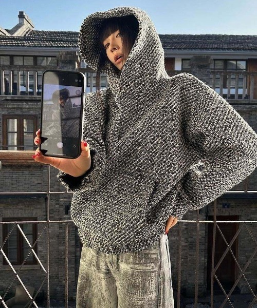 セール】【ユニセックス】ツイードビッグシルエットフード付きパーカ