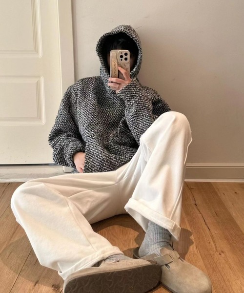 セール】【ユニセックス】ツイードビッグシルエットフード付きパーカ