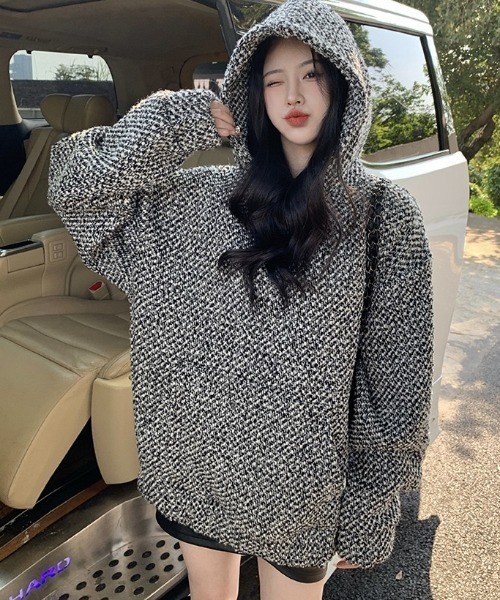 セール】【ユニセックス】ツイードビッグシルエットフード付きパーカ