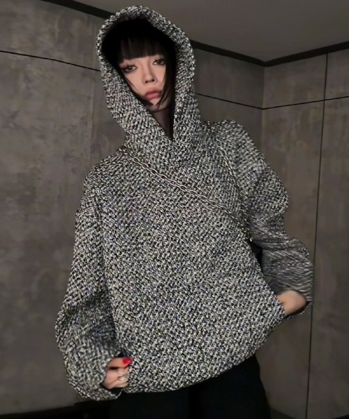 セール】【ユニセックス】ツイードビッグシルエットフード付きパーカ