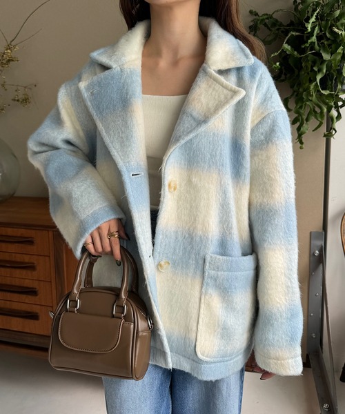 INTER FACTORY（インターファクトリー）の「ゆづき/チェックシャギーミドルコート made in INTER FACTORY（その他アウター・レディース・ブラウン/ライトブルー/ブラック・FREE）」の17枚目の写真