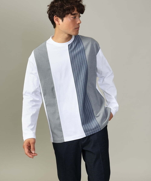 a.v.v（アーヴェヴェ）の「【主役TOPS】ストライプ切替カットソー(デザテクシリーズ）（Tシャツ/カットソー・メンズ・ホワイト/ネイビー・46/48/50）」の2枚目の写真