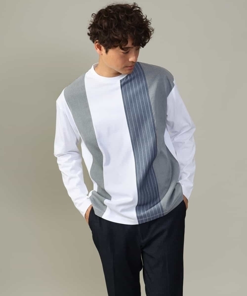 a.v.v（アーヴェヴェ）の「【主役TOPS】ストライプ切替カットソー(デザテクシリーズ）（Tシャツ/カットソー・メンズ・ホワイト/ネイビー・46/48/50）」の3枚目の写真