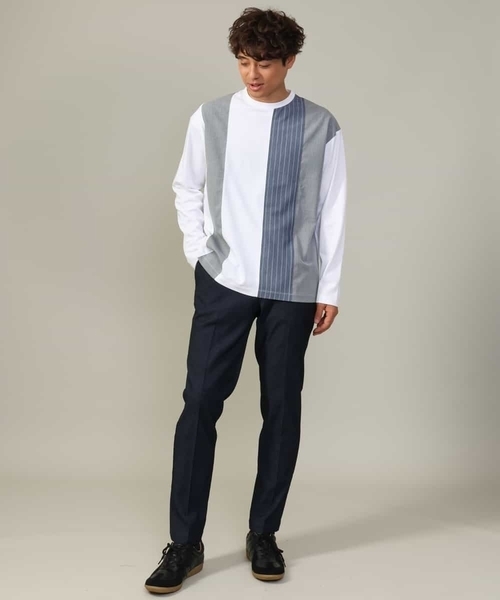 a.v.v（アーヴェヴェ）の「【主役TOPS】ストライプ切替カットソー(デザテクシリーズ）（Tシャツ/カットソー・メンズ・ホワイト/ネイビー・46/48/50）」の13枚目の写真