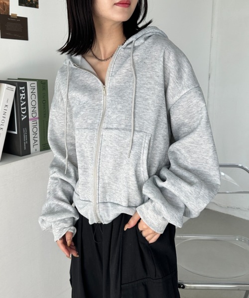 CLEA（クレア）の「無地裏起毛ジップパーカー（パーカー・レディース・ブラック/ネイビー/ライトグレー/ブルー/ダークグレー/オートミール/ホワイト・FREE）」の11枚目の写真