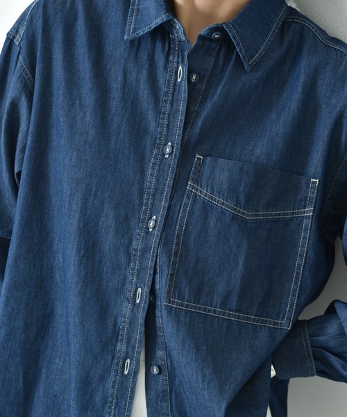 INTERPLANET（インタープラネット）の「台衿付くるみ釦ワイドデニムシャツ（シャツ/ブラウス・レディース・インディゴブルー/サックスブルー・FREE）」の11枚目の写真