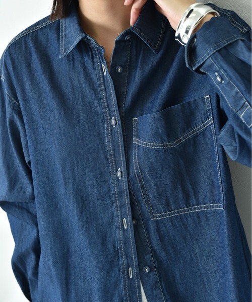 INTERPLANET（インタープラネット）の「台衿付くるみ釦ワイドデニムシャツ（シャツ/ブラウス・レディース・インディゴブルー/サックスブルー・FREE）」の10枚目の写真