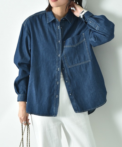INTERPLANET（インタープラネット）の「台衿付くるみ釦ワイドデニムシャツ（シャツ/ブラウス・レディース・インディゴブルー/サックスブルー・FREE）」の5枚目の写真