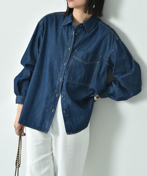 INTERPLANET（インタープラネット）の「台衿付くるみ釦ワイドデニムシャツ（シャツ/ブラウス・レディース・インディゴブルー/サックスブルー・FREE）」の6枚目の写真