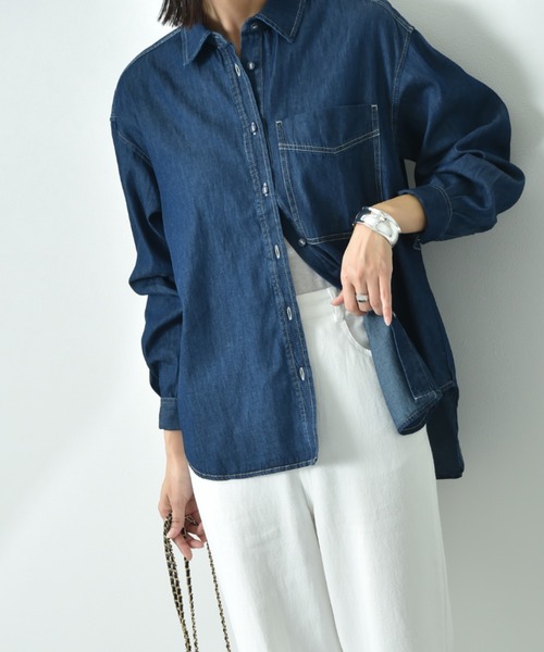 INTERPLANET（インタープラネット）の「台衿付くるみ釦ワイドデニムシャツ（シャツ/ブラウス・レディース・インディゴブルー/サックスブルー・FREE）」の7枚目の写真
