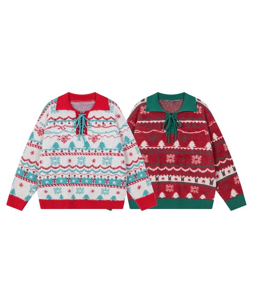 HOOK(フック)の「HOOK -select- 編み上げポロ襟クリスマスニット (AW)(ニット/セーター・メンズ・レッド/ホワイト・M/L/XL)」の3枚目の写真