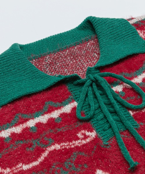 HOOK(フック)の「HOOK -select- 編み上げポロ襟クリスマスニット (AW)(ニット/セーター・メンズ・レッド/ホワイト・M/L/XL)」の8枚目の写真