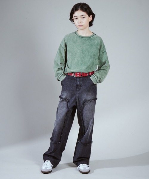 PAIRMANON STREET(ペアマノンストリート)の「【PAIRMANON STREET PLUS】【130-170サイズ】フリンジ ダブルニー デニム(デニムパンツ・キッズ・ブラック/ブルー/インディゴブルー・130/140/150/160/170)」の4枚目の写真