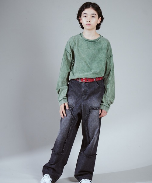 PAIRMANON STREET(ペアマノンストリート)の「【PAIRMANON STREET PLUS】【130-170サイズ】フリンジ ダブルニー デニム(デニムパンツ・キッズ・ブラック/ブルー/インディゴブルー・130/140/150/160/170)」の5枚目の写真