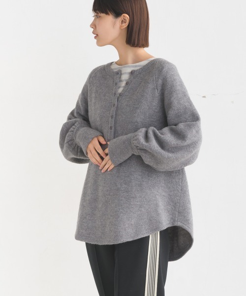 ウール混ヘンリーネックニットプルオーバー（Tシャツ/カットソー