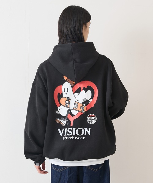 VISION STREET WEAR（ヴィジョンストリートウェア）の「【VISION STREET WEAR/ヴィジョンストリートウェア】GHOST SKATER PARKA/オーバーサイズ 裏起毛 バックプリント ロゴ ワンポイント スウェット パーカー フーディー/レディース メンズ（パーカー・メンズ・ブラック/オフホワイト・X-LARGE/LARGE/MEDIUM）」の7枚目の写真