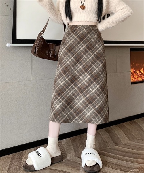 FREE STYLISTS（フリー スタイリスト）の「バックスリットチェックスカート（スカート・レディース・ブラウン/グレー・L/S/M）」の2枚目の写真