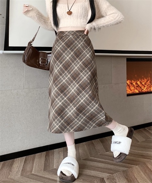 FREE STYLISTS（フリー スタイリスト）の「バックスリットチェックスカート（スカート・レディース・ブラウン/グレー・L/S/M）」の13枚目の写真