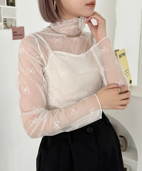 SOLLON.(ソルロン)の「リボンチュールハイネックトップス(Tシャツ/カットソー・レディース・ホワイト/アイボリー/ブラック・FREE)」の8枚目の写真