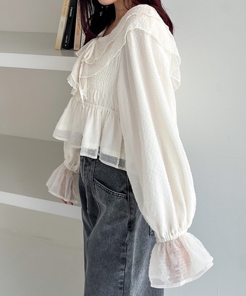 ブラウス シャツ ペイントフリル衿フレンチブラウス レディース Heather（ヘザー）の「シアーチェックフリルブラウス 324820