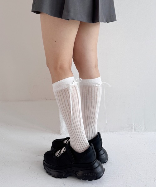 Heather（ヘザー）の「リボンリブSOX　323483（ソックス/靴下・レディース・グレー/ブラック/アイボリー・ONE SIZE）」の2枚目の写真