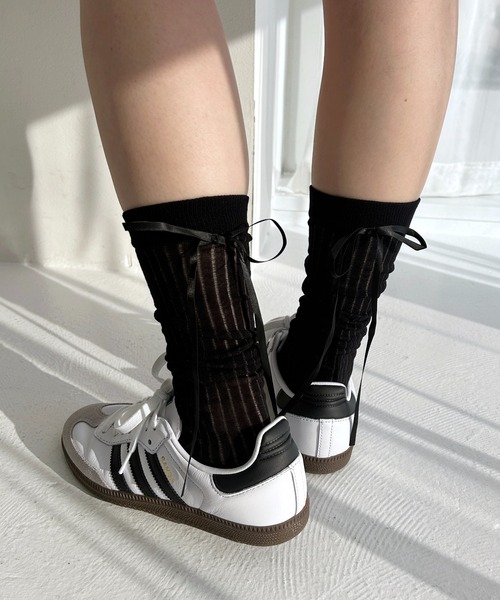 Heather（ヘザー）の「リボンリブSOX　323483（ソックス/靴下・レディース・グレー/ブラック/アイボリー・ONE SIZE）」の4枚目の写真