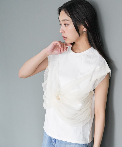 mili an deni(ミリアンデニ)の「チュールリボンドッキングTシャツ(Tシャツ/カットソー・レディース・オフホワイト/ブラック/ホワイト系その他・M)」の4枚目の写真