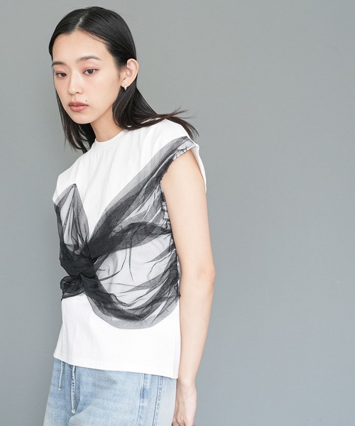 mili an deni(ミリアンデニ)の「チュールリボンドッキングTシャツ(Tシャツ/カットソー・レディース・オフホワイト/ブラック/ホワイト系その他・M)」の7枚目の写真