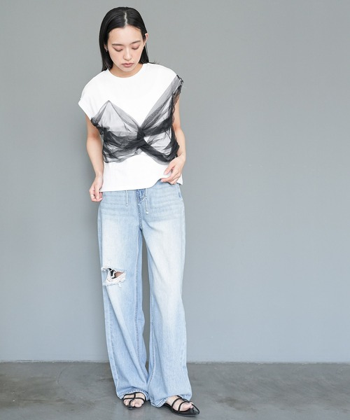 mili an deni(ミリアンデニ)の「チュールリボンドッキングTシャツ(Tシャツ/カットソー・レディース・オフホワイト/ブラック/ホワイト系その他・M)」の10枚目の写真
