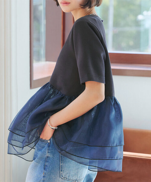 KOBE LETTUCE(コウベレタス)の「オーガンジーペプラムポンチTシャツ(Tシャツ/カットソー・レディース・ブラック/ネイビー/ホワイト・M)」の3枚目の写真