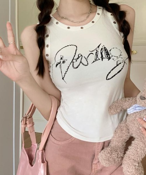 lilful(リルフル)の「ショート丈アイレットプリントタンク(タンクトップ・レディース・ブラック/ホワイト・L/M/S)」の1枚目の写真