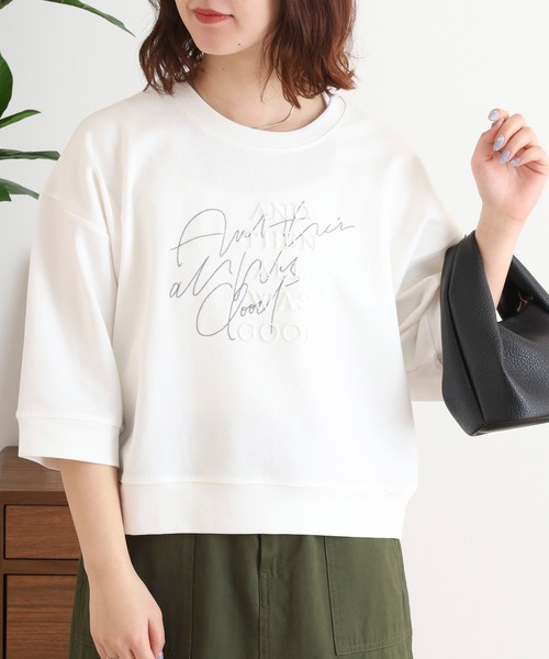 EGLANTINE(エグランティーヌ)の「EGLANTINE ダブルロゴカットソー 7分袖プルオーバー(Tシャツ/カットソー・レディース・オフホワイト/カーキ/ライトベージュ/ブラック・40)」の2枚目の写真