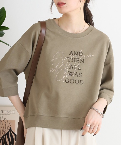 EGLANTINE(エグランティーヌ)の「EGLANTINE ダブルロゴカットソー 7分袖プルオーバー(Tシャツ/カットソー・レディース・オフホワイト/カーキ/ライトベージュ/ブラック・40)」の4枚目の写真