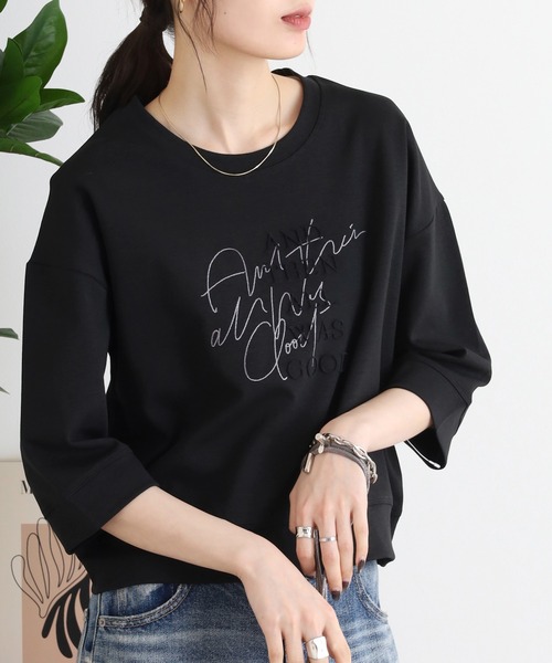 EGLANTINE(エグランティーヌ)の「EGLANTINE ダブルロゴカットソー 7分袖プルオーバー(Tシャツ/カットソー・レディース・オフホワイト/カーキ/ライトベージュ/ブラック・40)」の10枚目の写真