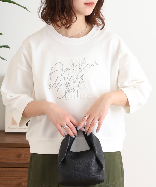 EGLANTINE(エグランティーヌ)の「EGLANTINE ダブルロゴカットソー 7分袖プルオーバー(Tシャツ/カットソー・レディース・オフホワイト/カーキ/ライトベージュ/ブラック・40)」の5枚目の写真