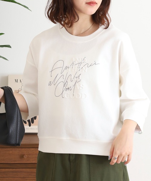 EGLANTINE(エグランティーヌ)の「EGLANTINE ダブルロゴカットソー 7分袖プルオーバー(Tシャツ/カットソー・レディース・オフホワイト/カーキ/ライトベージュ/ブラック・40)」の6枚目の写真