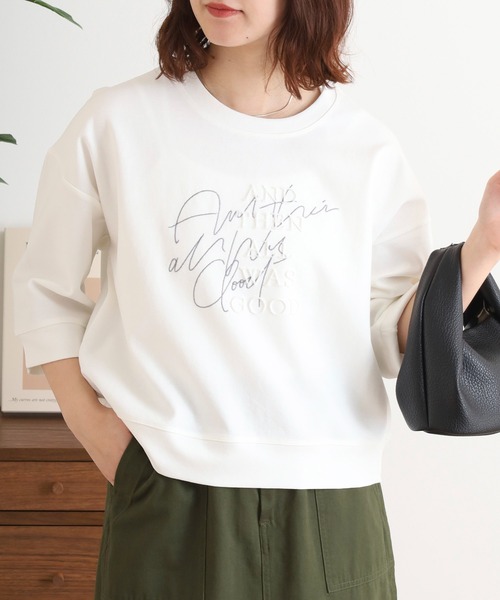 EGLANTINE(エグランティーヌ)の「EGLANTINE ダブルロゴカットソー 7分袖プルオーバー(Tシャツ/カットソー・レディース・オフホワイト/カーキ/ライトベージュ/ブラック・40)」の7枚目の写真