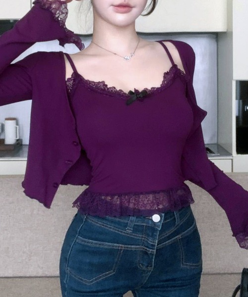 セール】裾レース チビリボンデザインカップ付きキャミソール(CZ