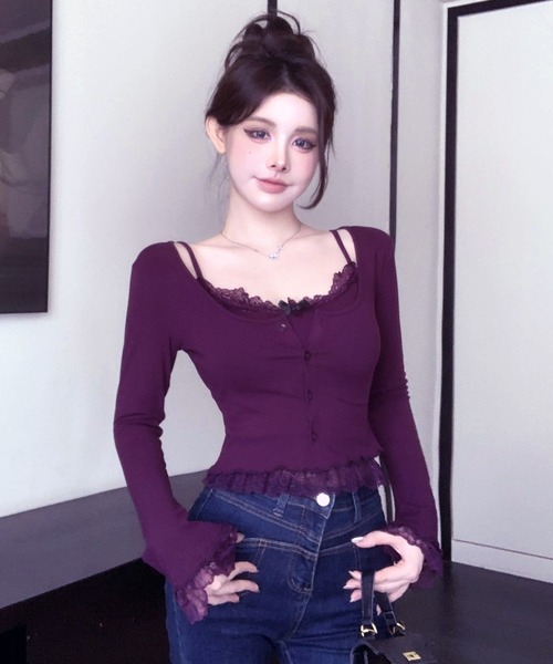 GOLDSinfinity 黒紫 キャミソール セール】裾レース チビリボンデザインカップ付きキャミソール(CZ