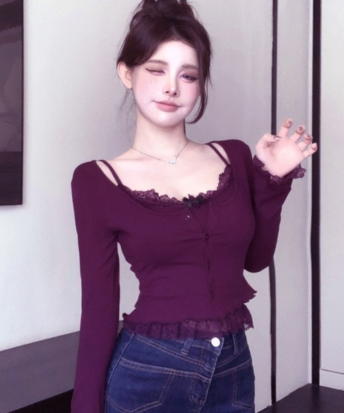 セール】裾レース チビリボンデザインカップ付きキャミソール(CZ