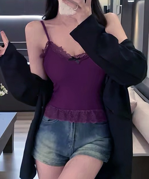 セール】裾レース チビリボンデザインカップ付きキャミソール(CZ