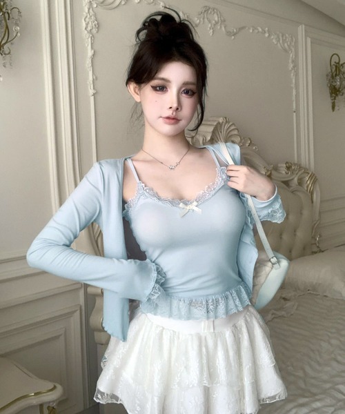 セール】裾レース チビリボンデザインカップ付きキャミソール(CZ